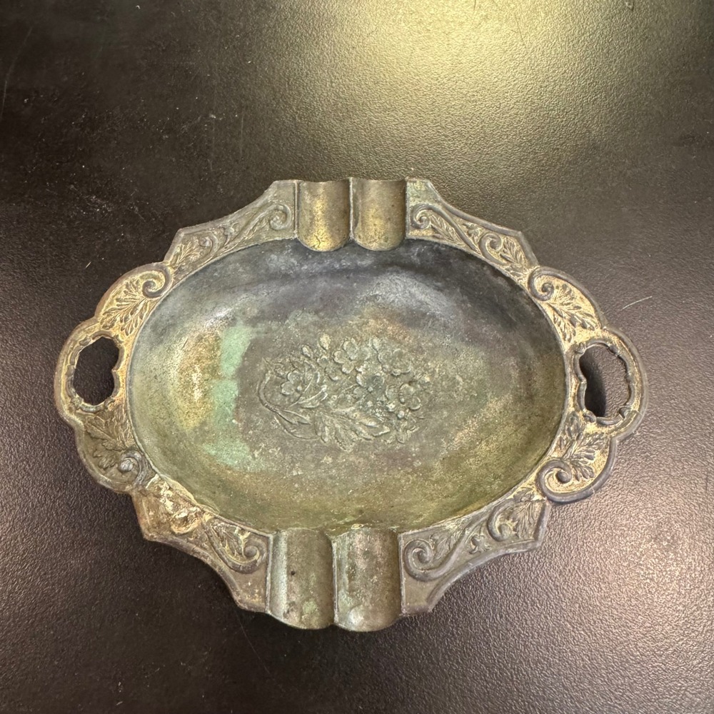 Vintage Ashtray Made in Japan Small Silver Gold Ornate Floral Metal No 405